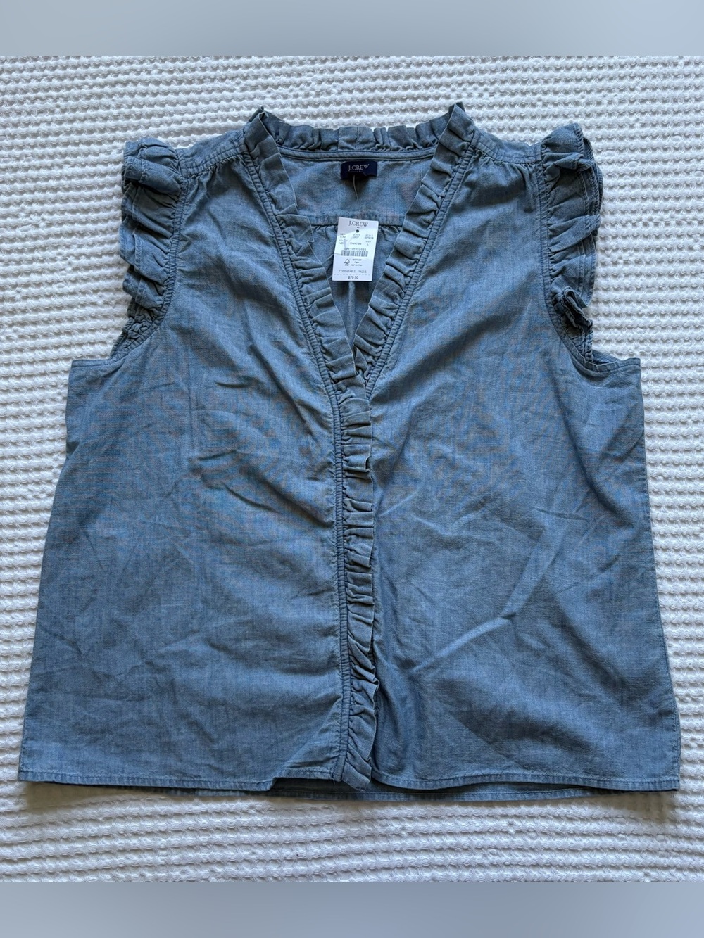 NWT JCrew Factory Chambray Ruffle Trim Sleeveless Blouse Blue Size L